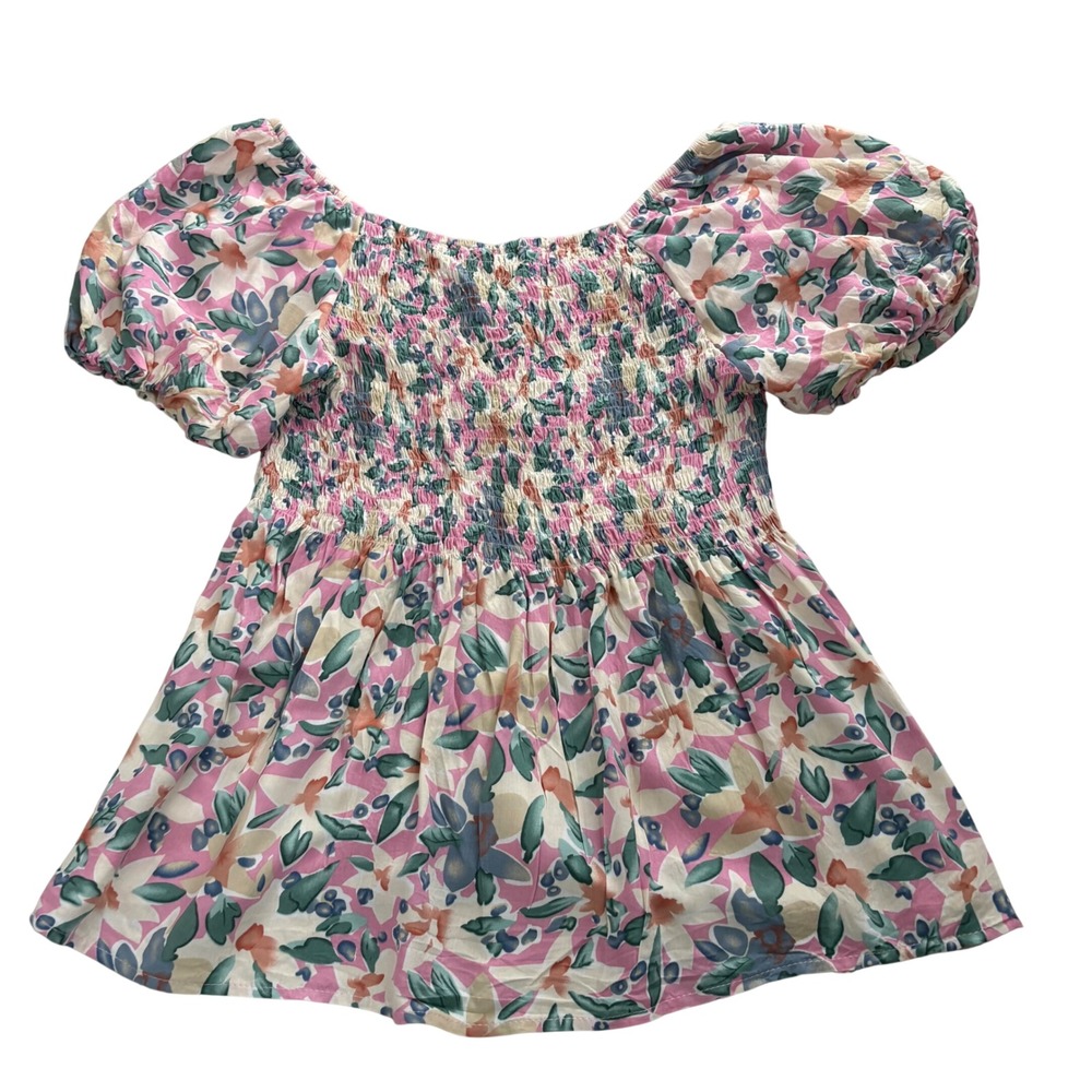 Polagram Floral Smocked Puff Sleeve Women's Top Pink Green Medium Summer - Picture 2 of 10